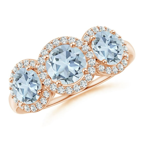 ANGARA Natural Round Aquamarine Three Stone Halo Ring with Diamonds in 14K Rose Gold for Women (Size-6mm) | March Birthstone, Birthday, Anniversary, Jewelry Gift for Women | Natural Aquamarine Ring