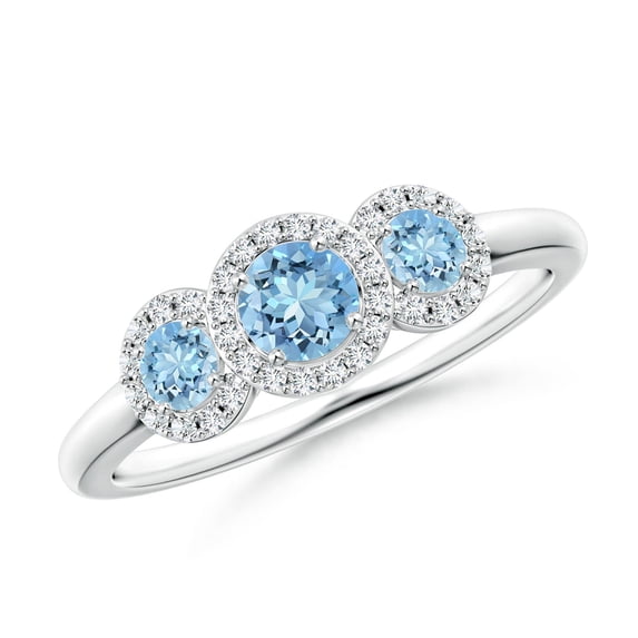 ANGARA Natural Round Aquamarine Three Stone Halo Ring with Diamonds in 14K White Gold for Women (Size-4mm) | March Birthstone, Birthday, Anniversary, Jewelry Gift for Women | Natural Aquamarine Ring