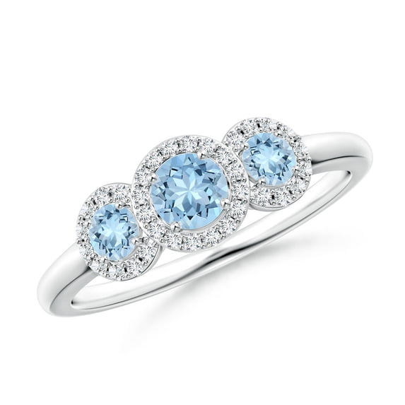 ANGARA Natural Round Aquamarine Three Stone Halo Ring with Diamonds in 14K White Gold for Women (Size-4mm) | March Birthstone, Birthday, Anniversary, Jewelry Gift for Women | Natural Aquamarine Ring