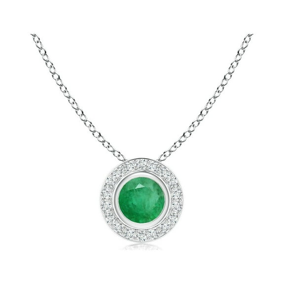 ANGARA Natural Round Bezel-Set Emerald Pendant with Diamond Halo in 14K White Gold for Women (Size-4mm) | May Birthstone, Birthday, Anniversary, Jewelry Gift for Women | Natural Emerald Necklace