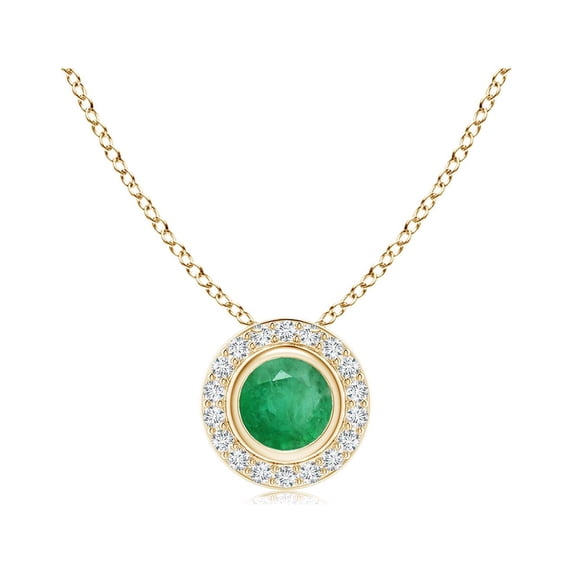 ANGARA Natural Round Bezel-Set Emerald Pendant with Diamond Halo in 14K Yellow Gold for Women (Size-4mm) | May Birthstone, Birthday, Anniversary, Jewelry Gift for Women | Natural Emerald Necklace