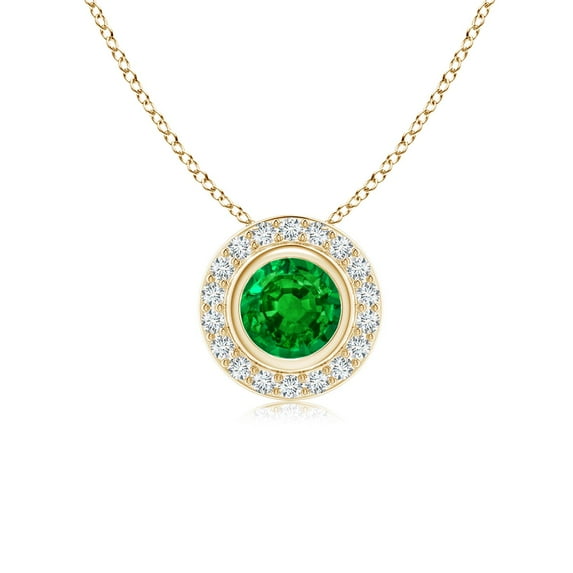 ANGARA Natural Round Bezel-Set Emerald Pendant with Diamond Halo in 14K Yellow Gold for Women (Size-5mm) | May Birthstone, Birthday, Anniversary, Jewelry Gift for Women | Natural Emerald Necklace