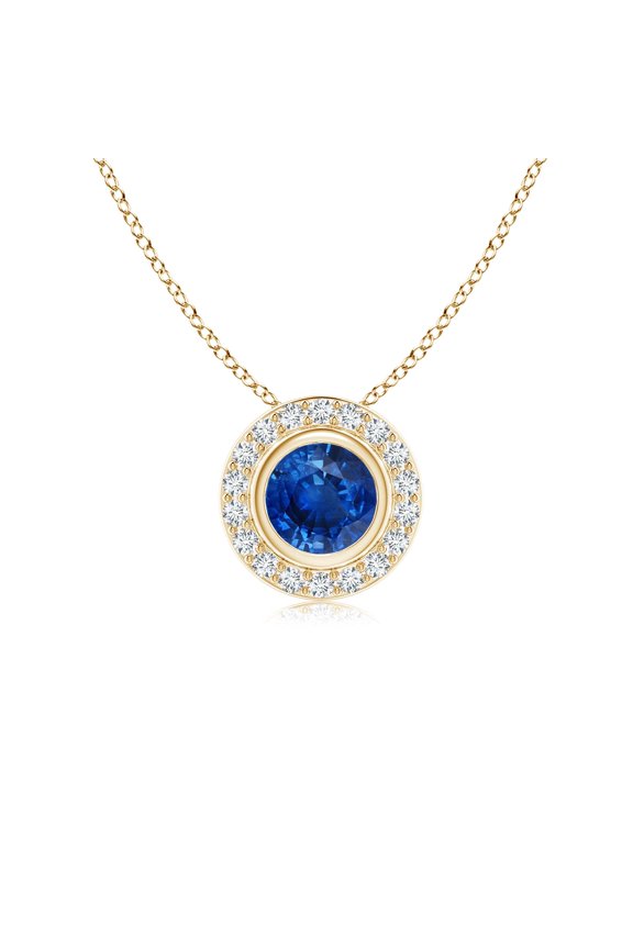 Natural Round Bezel-Set Sapphire Pendant with Diamond Halo in 14K Yellow Gold for Women (Size-5mm) | September Birthstone, Anniversary, Jewelry Gift for Women | Natural Blue Sapphire Necklace