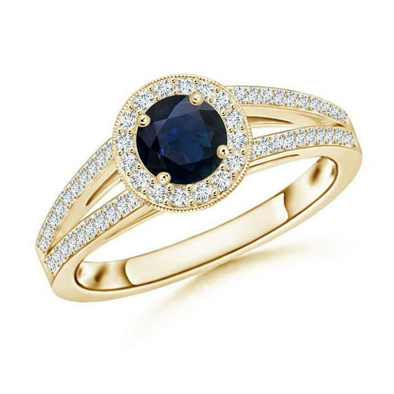 ANGARA Natural Round Blue Sapphire Split Shank Ring with Diamond Halo in 14K Yellow Gold for Women (Size-5mm) | September Birthstone, Anniversary, Jewelry Gift for Women | Natural Blue Sapphire Ring