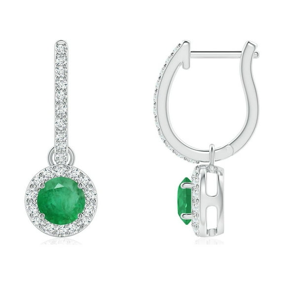 ANGARA Natural Round Emerald Dangle Earrings with Diamond Halo in 14K White Gold for Women (Size-4mm) | May Birthstone, Birthday, Anniversary, Jewelry Gift for Women | Natural Emerald Earrings