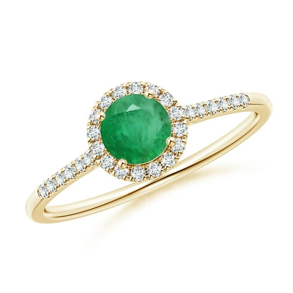 ANGARA Natural Round Emerald Halo Ring with Diamond Accents in 14K Yellow Gold for Women (Size-5mm) | May Birthstone, Birthday, Anniversary, Jewelry Gift for Women | Natural Emerald Ring