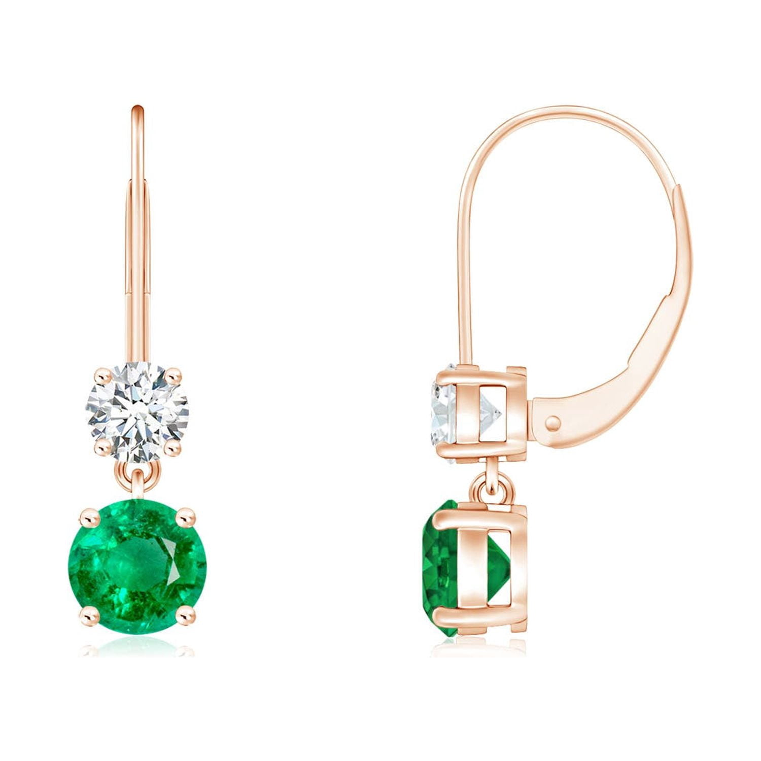 ANGARA Natural Round Emerald Leverback Dangle Earrings with Diamond in 14K Rose Gold for Women (Size-4mm) | May Birthstone, Birthday, Anniversary, Jewelry Gift for Women | Natural Emerald Earrings