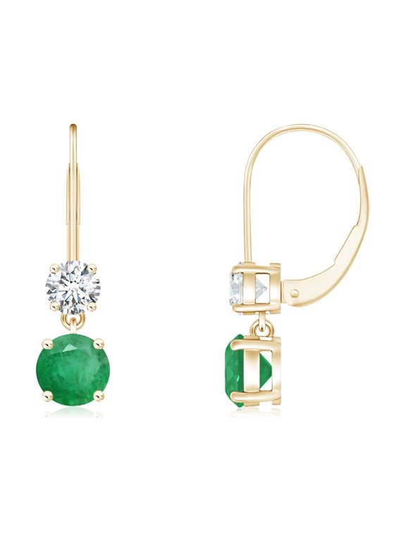 Natural Round Emerald Leverback Dangle Earrings with Diamond in 14K Yellow Gold for Women (Size-4mm) | May Birthstone, Birthday, Anniversary, Jewelry Gift for Women | Natural Emerald Earrings