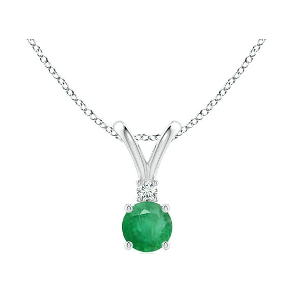ANGARA Natural Round Emerald Solitaire V-Bale Pendant with Diamond in 14K White Gold for Women (Size-4mm) | May Birthstone, Birthday, Anniversary, Jewelry Gift for Women | Natural Emerald Necklace