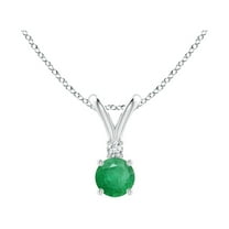 ANGARA Natural Round Emerald Solitaire V-Bale Pendant with Diamond in 925 Sterling Silver for Women (Size-4mm) | May Birthstone, Anniversary, Jewelry Gift for Women | Natural Emerald Necklace