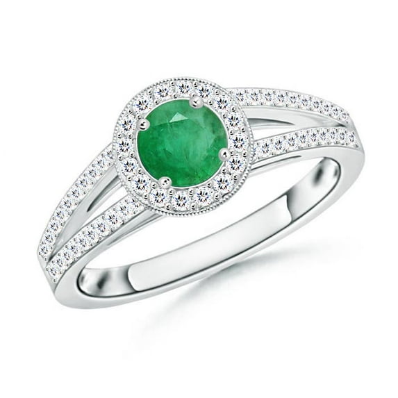 ANGARA Natural Round Emerald Split Shank Ring with Diamond Halo in 14K White Gold for Women (Size-5mm) | May Birthstone, Birthday, Anniversary, Jewelry Gift for Women | Natural Emerald Ring