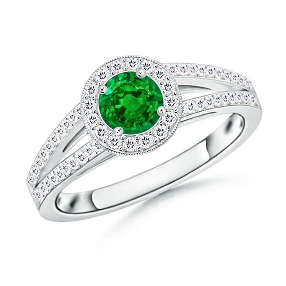 ANGARA Natural Round Emerald Split Shank Ring with Diamond Halo in 14K White Gold for Women (Size-5mm) | May Birthstone, Birthday, Anniversary, Jewelry Gift for Women | Natural Emerald Ring