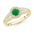 thumbnail image 1 of ANGARA Natural Round Emerald Split Shank Ring with Diamond Halo in 14K Yellow Gold for Women (Size-5mm) | May Birthstone, Birthday, Anniversary, Jewelry Gift for Women | Natural Emerald Ring, 1 of 7