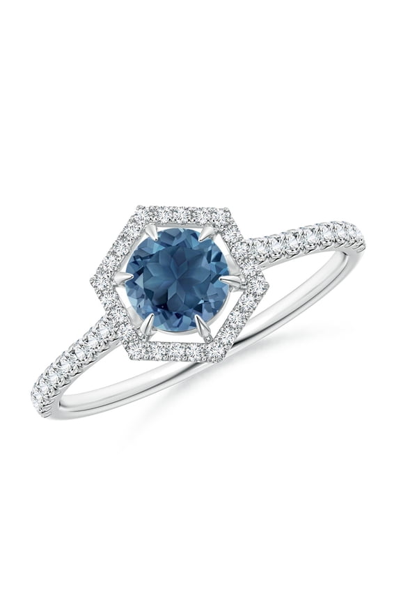 Natural Round London Blue Topaz Ring with Hexagonal Diamond Halo in 14K White Gold for Women (Size-5mm) | November Birthstone Jewelry for Women | London Blue Topaz Ring (Ring Size - 4)