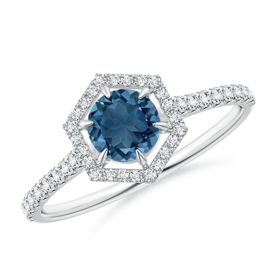 ANGARA Natural Round London Blue Topaz Ring with Hexagonal Diamond Halo in 14K White Gold for Women (Size-5mm) | November Birthstone Jewelry for Women | London Blue Topaz Ring (Ring Size - 9.5)