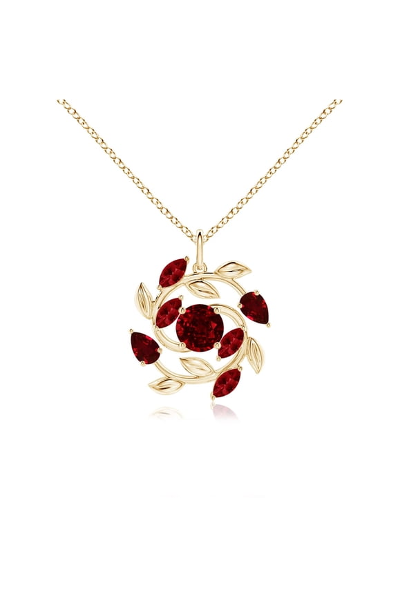 Natural Round and Marquise 1 ct Ruby Olive Branch Pendant in 14K Yellow Gold for Women (Size-6mm) | July Birthstone, Birthday, Anniversary, Jewelry Gift for Women | Natural Ruby Necklace