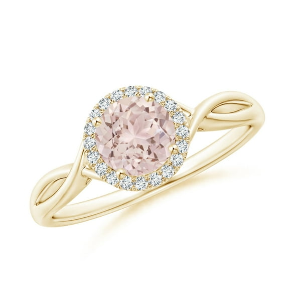 ANGARA Natural Round Morganite Halo Ring with Criss Cross Shank in 14K Yellow Gold for Women | Birthday, Anniversary, Jewelry Gift for Women | Natural Morganite Ring
