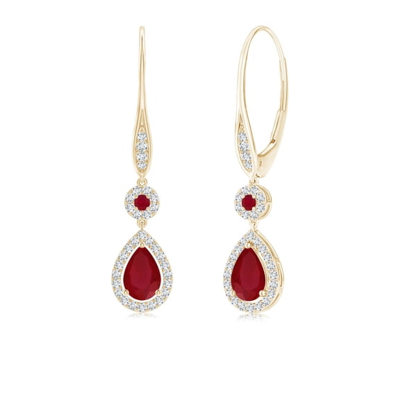 ANGARA Natural Round and Pear Ruby Halo Leverback Earrings in 14K Yellow Gold for Women (Size-6x4mm) | July Birthstone, Birthday, Anniversary, Jewelry Gift for Women | Natural Ruby Earrings