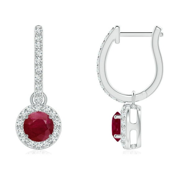 ANGARA Natural Round Ruby Dangle Earrings with Diamond Halo in 14K White Gold for Women (Size-4mm) | July Birthstone, Birthday, Anniversary, Jewelry Gift for Women | Natural Ruby Earrings