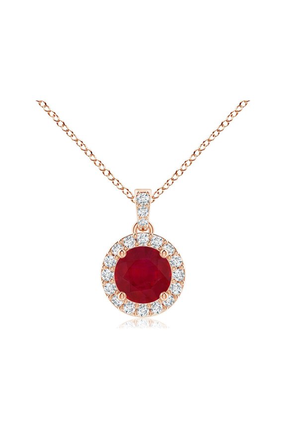 Natural Ruby Pendant Necklace with Diamond Halo in 14K Rose Gold for Women (Size-4mm) – July Birthstone Jewelry | Round Ruby Halo Pendant