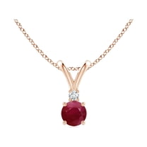 ANGARA Natural Round Ruby Solitaire V-Bale Pendant with Diamond in 14K Rose Gold for Women (Size-4mm) | July Birthstone, Birthday, Anniversary, Jewelry Gift for Women | Natural Ruby Necklace