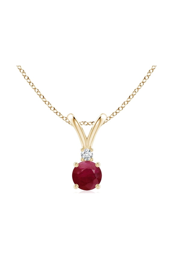 Natural Round Ruby Solitaire V-Bale Pendant with Diamond in 14K Yellow Gold for Women (Size-4mm) | July Birthstone, Birthday, Anniversary, Jewelry Gift for Women | Natural Ruby Necklace