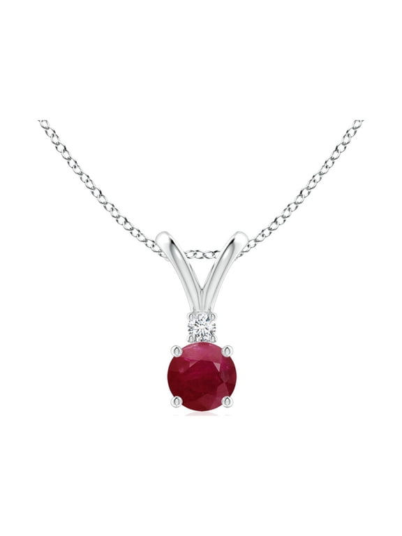 Natural Round Ruby Solitaire V-Bale Pendant with Diamond in 925 Sterling Silver for Women (Size-4mm) | July Birthstone, Birthday, Anniversary, Jewelry Gift for Women | Natural Ruby Necklace