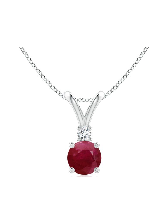 Natural Round Ruby Solitaire V-Bale Pendant with Diamond in 925 Sterling Silver for Women (Size-5mm) | July Birthstone, Birthday, Anniversary, Jewelry Gift for Women | Natural Ruby Necklace