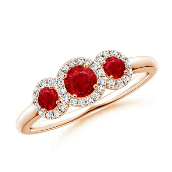 ANGARA Natural Round Ruby Three Stone Halo Ring with Diamonds in 14K Rose Gold for Women (Size-4mm) | July Birthstone, Birthday, Anniversary, Jewelry Gift for Women | Natural Ruby Ring