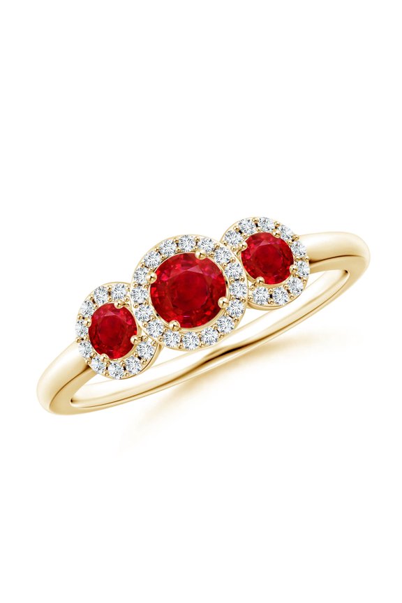 Natural Round Ruby Three Stone Halo Ring with Diamonds in 14K Yellow Gold for Women (Size-4mm) | July Birthstone Jewelry for Her | Natural Ruby Rings