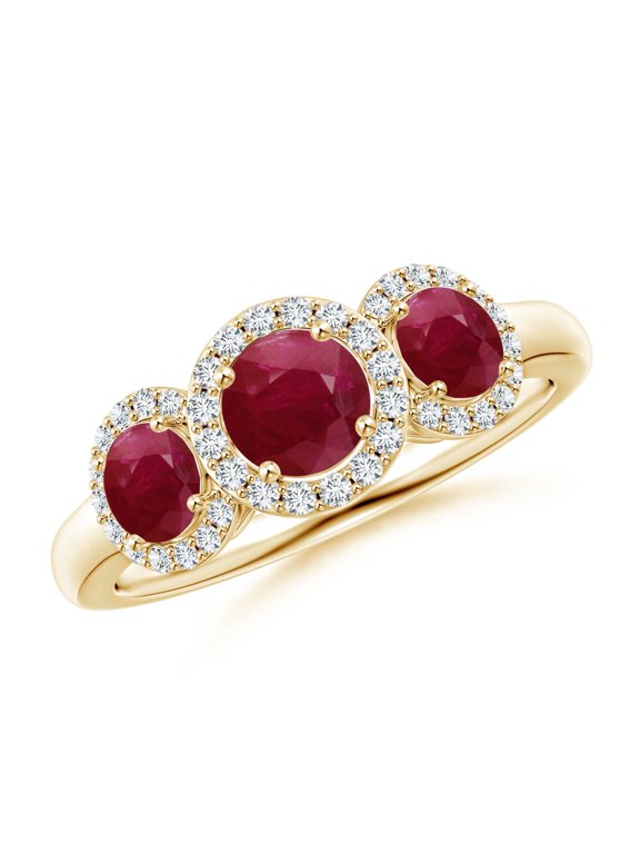 Natural Round Ruby Three Stone Halo Ring with Diamonds in 14K Yellow Gold for Women (Size-5mm) | July Birthstone Jewelry for Her | Natural Ruby Rings