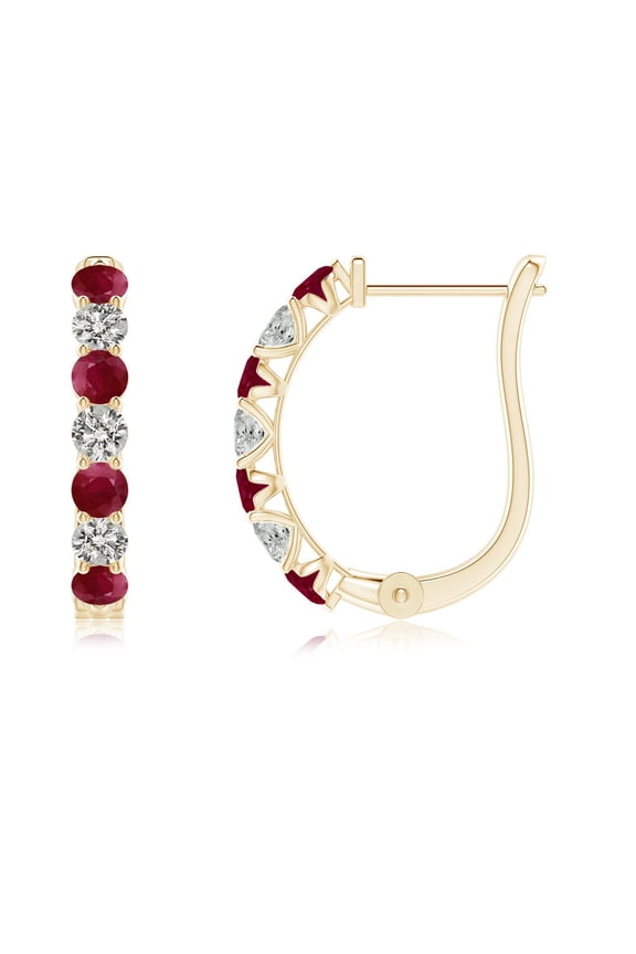 Natural Ruby and Diamond Huggie Hoop Earrings for Women in 14K Yellow Gold – July Birthstone Jewelry | Prong-Set Ruby Hoop Earrings