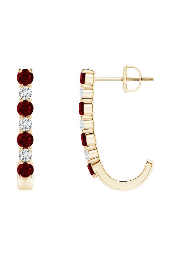 Natural Ruby and Diamond J-Hoop Earrings in 14K Yellow Gold for Women (Size-2.5mm) | July Birthstone, Birthday, Anniversary, Jewelry Gift for Women | Natural Ruby Earrings