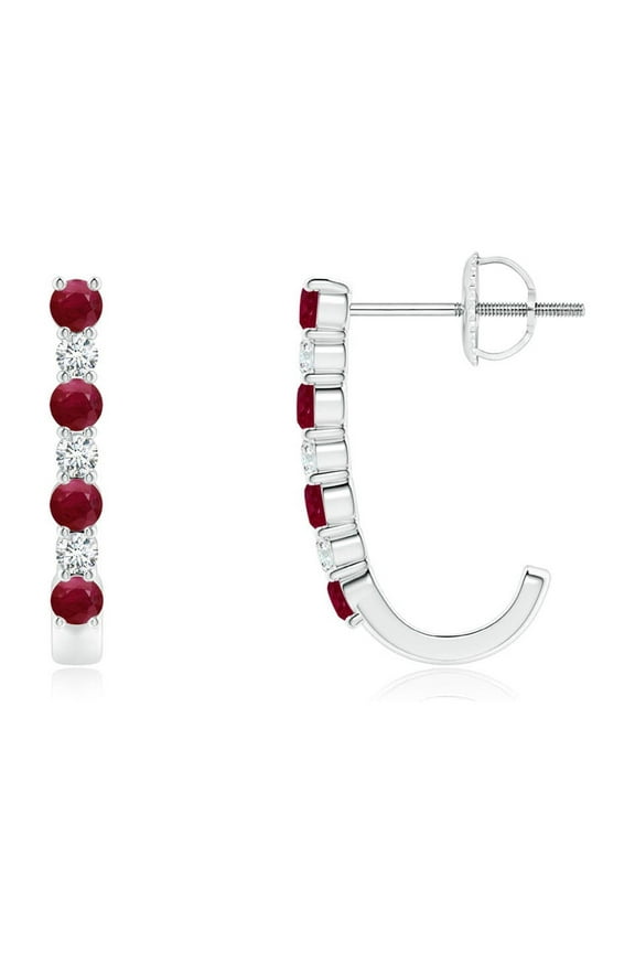Natural Ruby and Diamond J-Hoop Earrings in Platinum for Women (Size-2mm) | July Birthstone, Birthday, Anniversary, Jewelry Gift for Women | Natural Ruby Earrings
