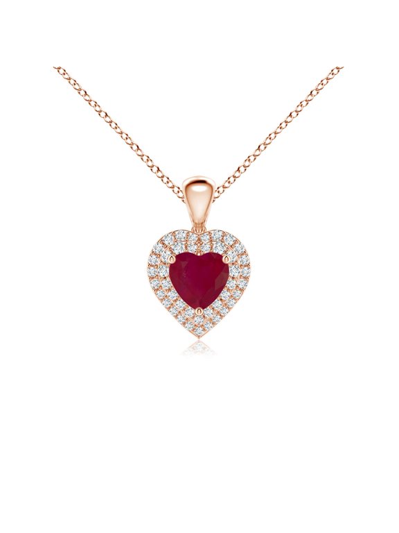 Natural Ruby Heart Pendant with Diamond Double Halo in 14K Rose Gold for Women (Size-5mm) | July Birthstone, Birthday, Anniversary, Jewelry Gift for Women | Natural Ruby Necklace