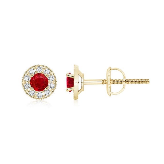 ANGARA Natural Ruby Margarita Stud Earrings with Diamond Halo in 14K Yellow Gold for Women (Size-4mm) | July Birthstone, Birthday, Anniversary, Jewelry Gift for Women | Natural Ruby Earrings