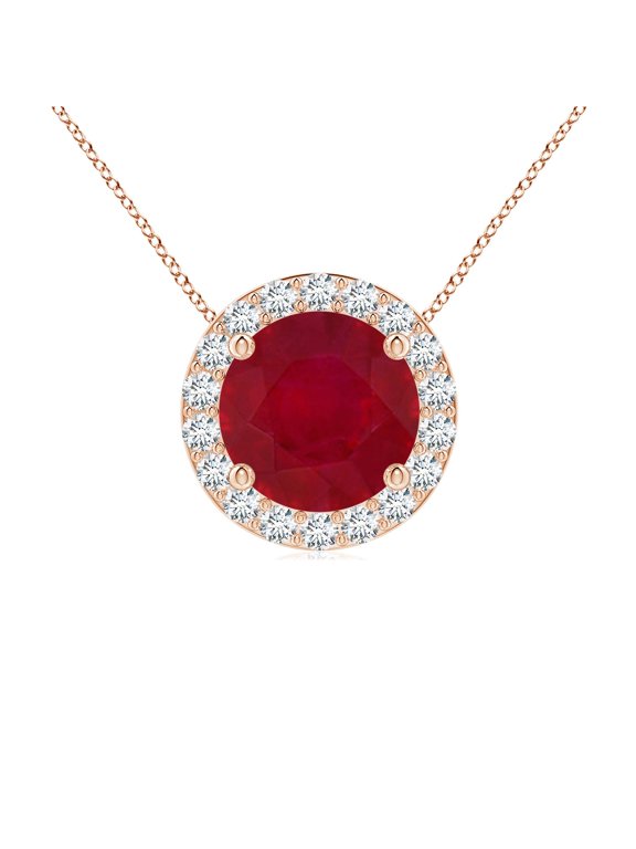 Natural Ruby Necklace for Women in 14K Rose Gold - Vintage Inspired Round Ruby Halo Pendant Necklace, July Birthstone Jewelry