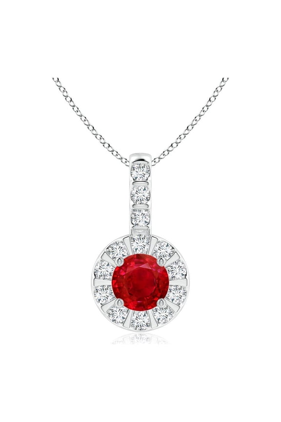 Natural Ruby Pendant with Bar-Set Diamond Halo in 14K White Gold for Women (Size-4mm) | July Birthstone, Birthday, Anniversary, Jewelry Gift for Women | Natural Ruby Necklace