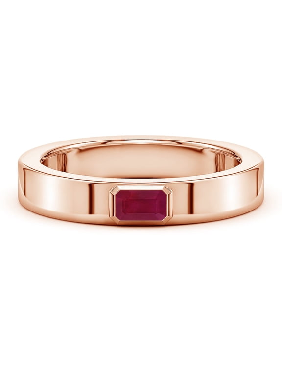 Natural Ruby Ring for Men - Bezel Set Emerald-Cut Ruby Men’s Ring in 14K Rose Gold | Ring Size - 7.5