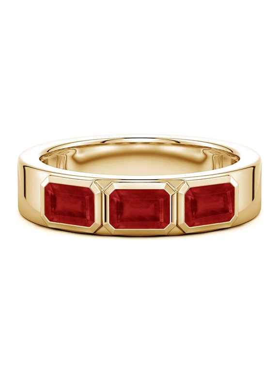 Natural Ruby Ring for Men - Bezel Set Emerald-Cut Ruby Men’s Three Stone Ring in 14K Yellow Gold | Ring Size - 5