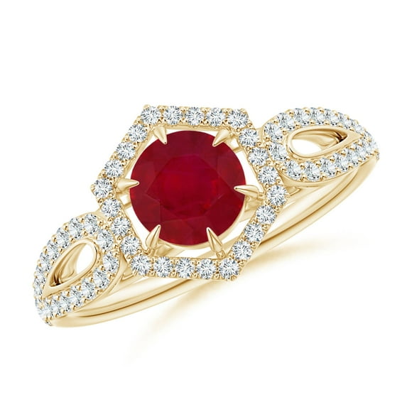 ANGARA Natural Ruby Split Shank Ring with Diamond Hexagon Halo in 14K Yellow Gold for Women (Size-5mm) | July Birthstone, Birthday, Anniversary, Jewelry Gift for Women | Natural Ruby Ring
