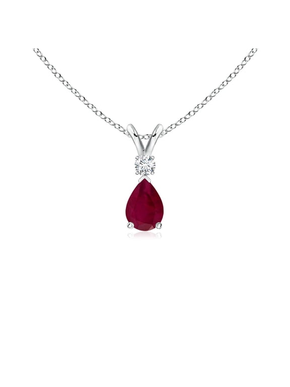 Natural Ruby Teardrop V-Bale Pendant Necklace with Diamond in 925 Sterling Silver for Women - July Birthstone Jewelry | Natural Ruby Necklace