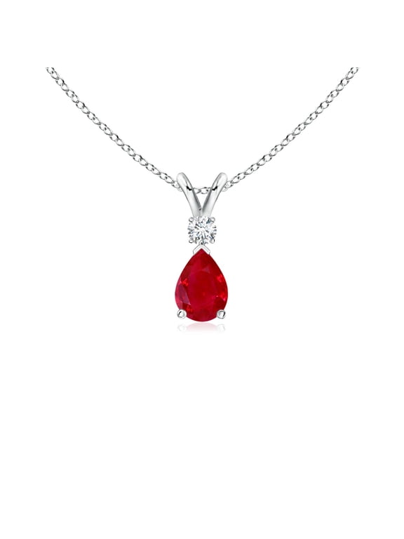 Natural Ruby Teardrop V-Bale Pendant Necklace with Diamond in 925 Sterling Silver for Women - July Birthstone Jewelry | Natural Ruby Necklace