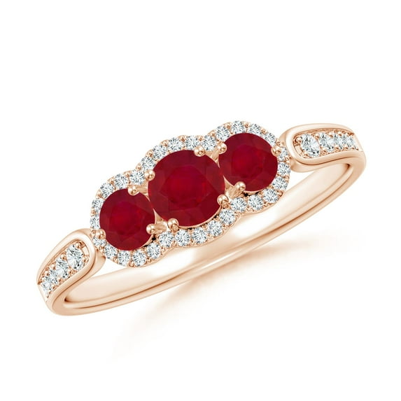 ANGARA Natural Ruby Three Stone Diamond Split Shank Ring in 14K Rose Gold for Women (Size-4mm) | July Birthstone, Birthday, Anniversary, Jewelry Gift for Women | Natural Ruby Ring