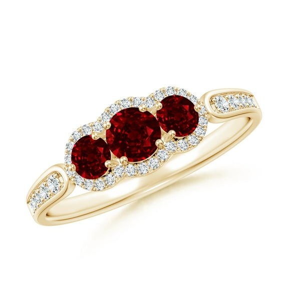 ANGARA Natural Ruby Three Stone Diamond Split Shank Ring in 14K Yellow Gold for Women (Size-4mm) | July Birthstone, Birthday, Anniversary, Jewelry Gift for Women | Natural Ruby Ring