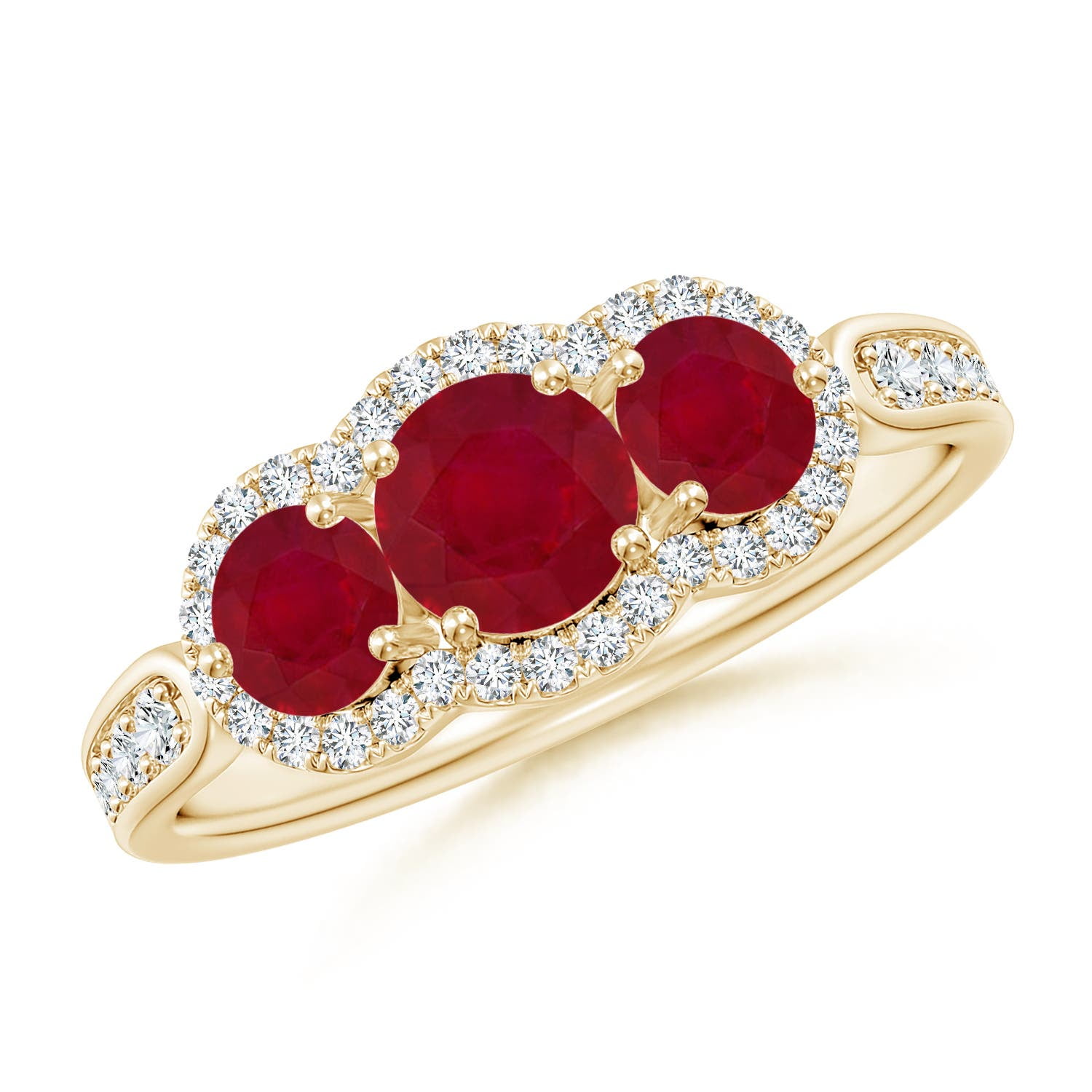 ANGARA Natural Ruby Three Stone Diamond Split Shank Ring in 14K Yellow ...