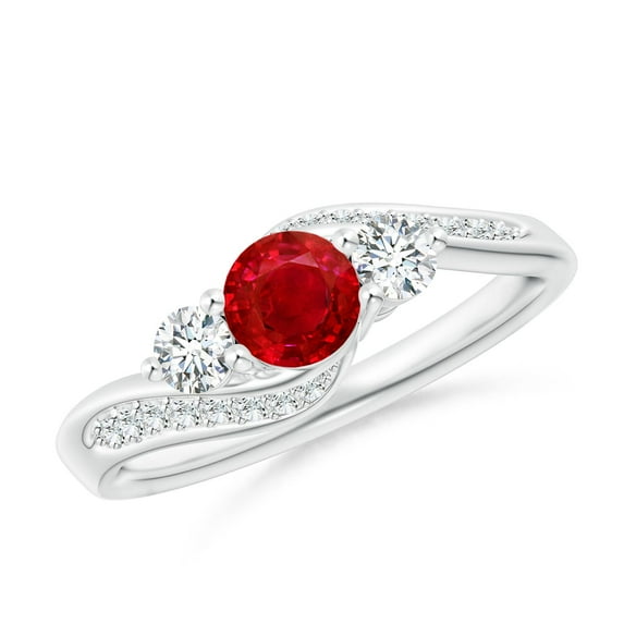 ANGARA Natural Ruby and Diamond Three Stone Bypass Ring in 14K White Gold for Women (Size-5mm) | July Birthstone Jewelry for Her | Natural Ruby Rings