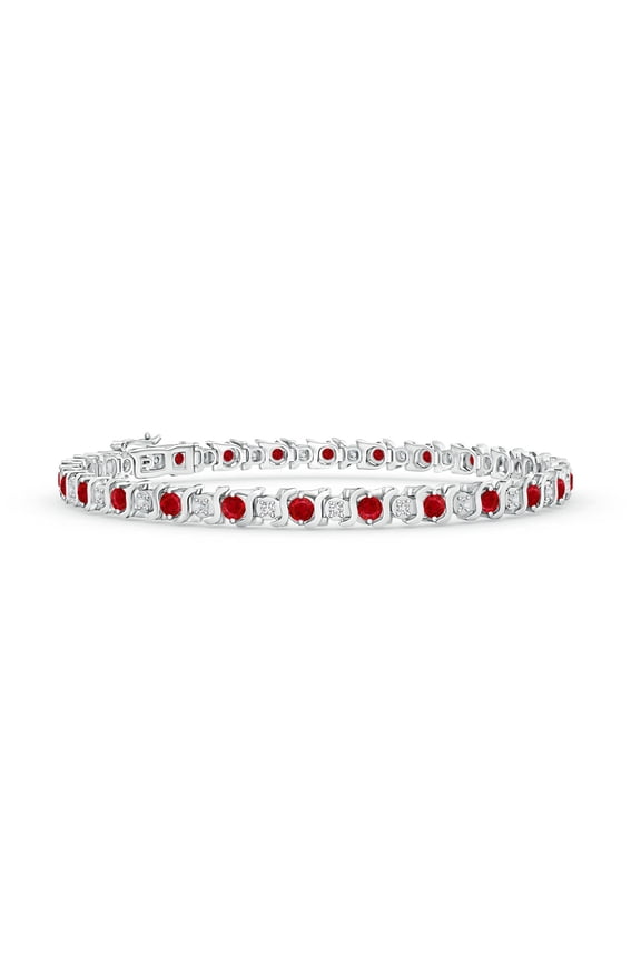 Natural S Curl 2.43 ct Ruby and Diamond Tennis Bracelet in 14K White Gold for Women (Size-2.5mm) | July Birthstone, Birthday, Anniversary, Jewelry Gift for Women | Natural Ruby Bracelet