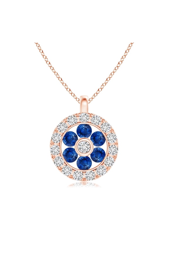 Natural Sapphire Flower Pendant with Diamond Halo in 14K Rose Gold for Women (Size-1.5mm) | September Birthstone, Anniversary, Jewelry Gift for Women | Natural Blue Sapphire Necklace