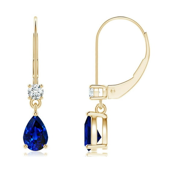 ANGARA Natural Sapphire Leverback Drop Earrings with Diamond in 14K Yellow Gold for Women (Size-6x4mm) | September Birthstone, Anniversary, Jewelry Gift for Women | Natural Blue Sapphire Earrings